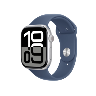 Apple Watch S10 46mm aluminium w kolorze srebrnym z paskiem sportowym w kolorze denim M/L