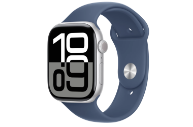 Apple Watch S10 46mm aluminium w kolorze srebrnym z paskiem sportowym w kolorze denim M/L