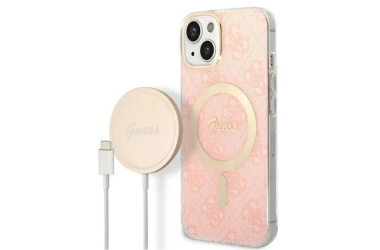 Etui do iPhone 14 Guess 4G Gold Pink Magsafe + Charger - różowe