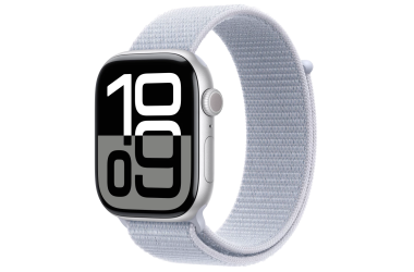 Apple Watch S10 46mm aluminium w kolorze srebrnym z opaską sportową w kolorze błękitnego obłoku