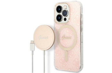 Etui do iPhone 14 Pro Guess 4G Gold Pink Magsafe + Charger - różowe