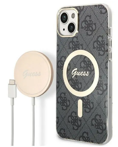 Etui do iPhone 14 Guess 4G Gold Black Magsafe + Charger - czarne - zdjęcie 1