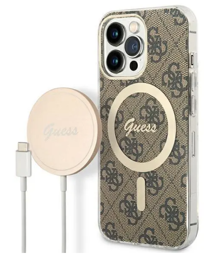 Etui do iPhone 13 Pro Guess 4G Gold Brown Magsafe + Charger - brązowe - zdjęcie 1