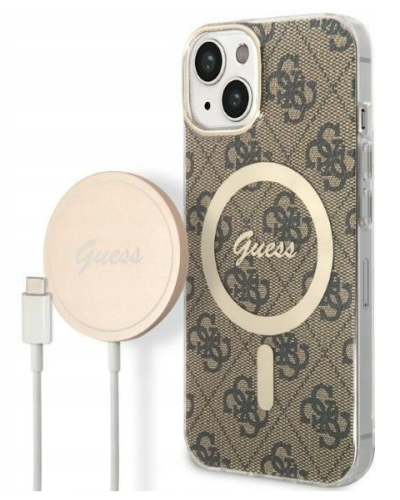 Etui do iPhone 14 Guess 4G Gold Brown Magsafe + Charger - brązowe - zdjęcie 1