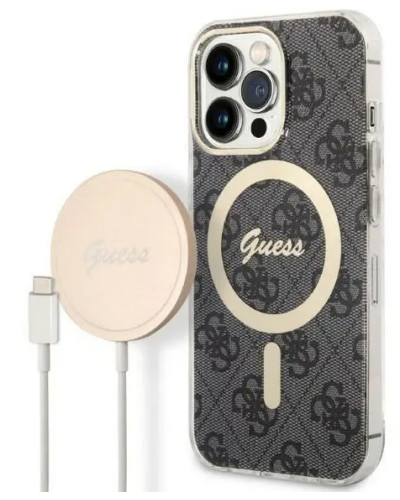 Etui do iPhone 13 Pro Guess 4G Gold Black Magsafe + Charger - czarne - zdjęcie 1